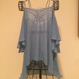 Double Zero - Blue Silk Off the Shoulder Shirt